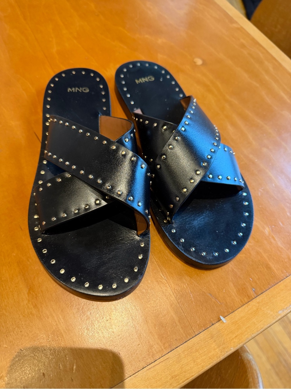 Mango Black Studded Leathet Crisscross Slide Sandals